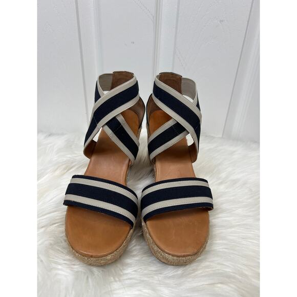 Paul Green Navy & Beige Striped Crisscross Espadrille Sandal Wedges 9.5 - Picture 3 of 7